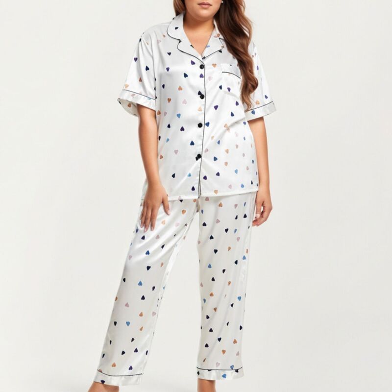 アンナカシ レディース アンダーウェア ナイトウェア ストレート プラスサイズ プリント パンツ サテン AnnaKaci Womens PLusize Heart Print Satin Pajam