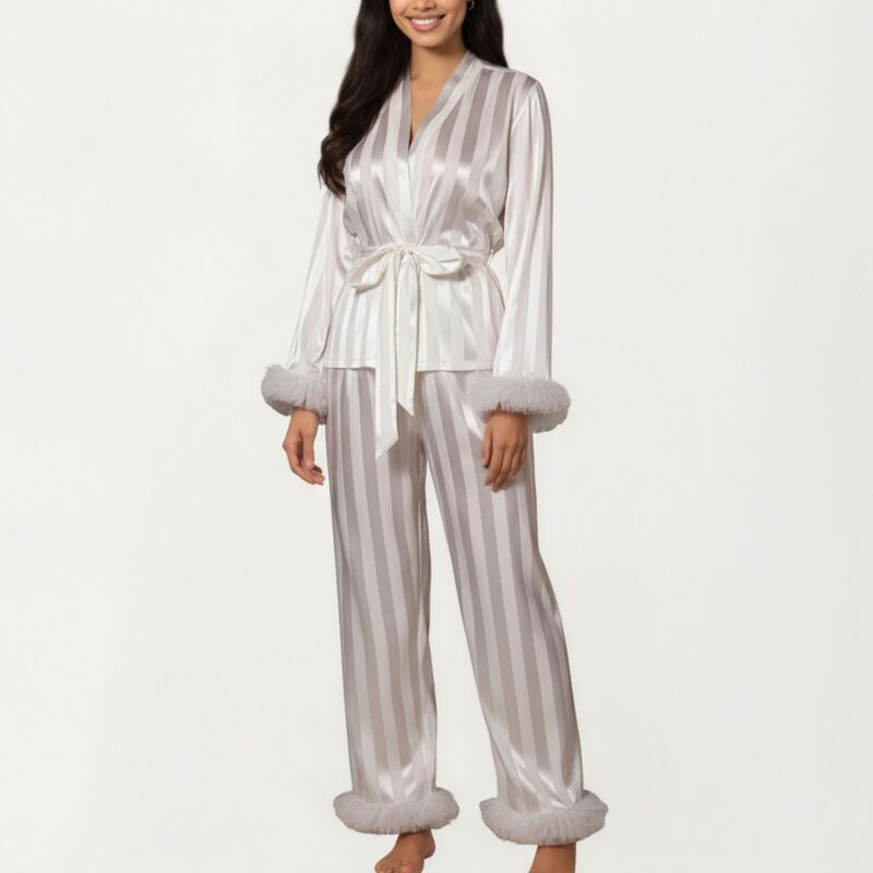 アンナカシ レディース アンダーウェア ナイトウェア パンツ サテン AnnaKaci Womens 2Piece Set Satin Wrap Top with Feather Trim Cuffs