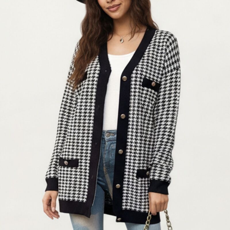 アンナカシ レディース アウター ニット・セーター カーディガン AnnaKaci Womens Long Sleeve Houndstooth Knit Cardigan with Button F
