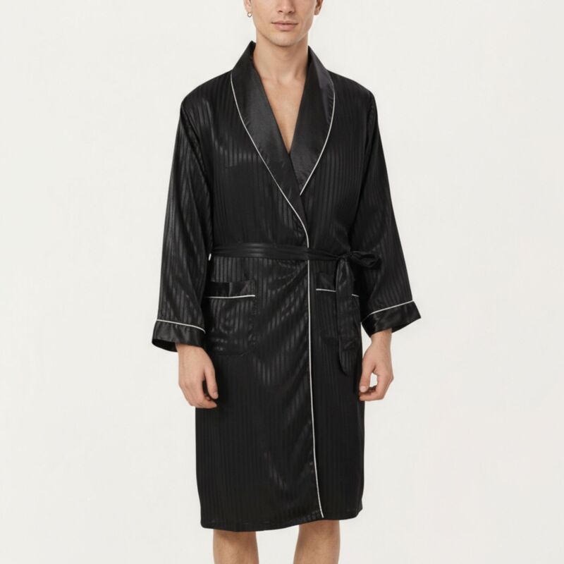 アンナカシ レディース アンダーウェア ナイトウェア サテン コントラスト AnnaKaci Mensatin Robe with Subtle Stripe Texture Contrastrim