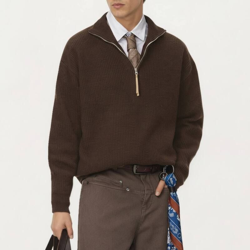 アンナカシ レディース アウター ニット・セーター リラックスフィット ハーフジップ リブ AnnaKaci Mens Ribbed Half Zip Sweater with Relaxed Fit