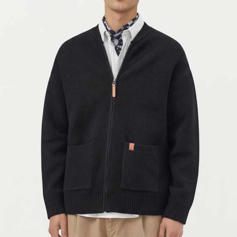 アンナカシ レディース アウター ニット・セーター リブ カーディガン AnnaKaci Mens Zip Front Knit Cardigan with Ribbed Trim and Patch