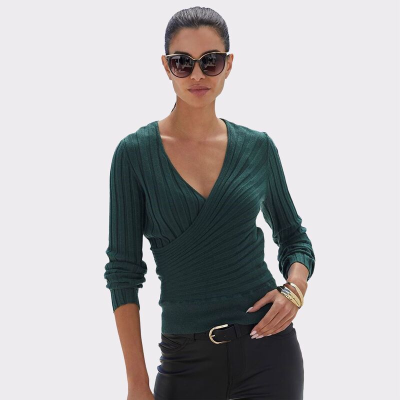 ラスカーナ レディース アウター ニット・セーター リブ Lascana Womens Ribbed Surplice Sweater Dark Green グリーン