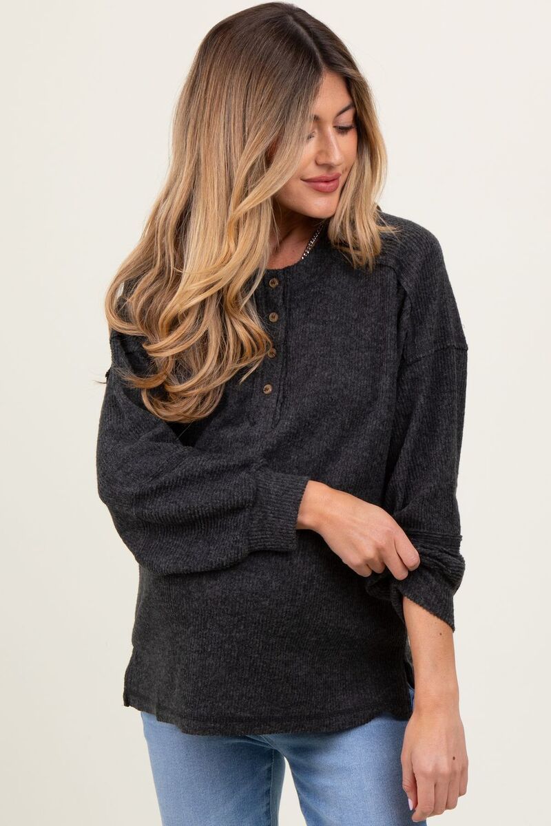 ピンクブラッシュ レディース アウター ニット・セーター リブ マタニティ PinkBlush Maternity Oversized Ribbed Knit Henley Sweater Charc