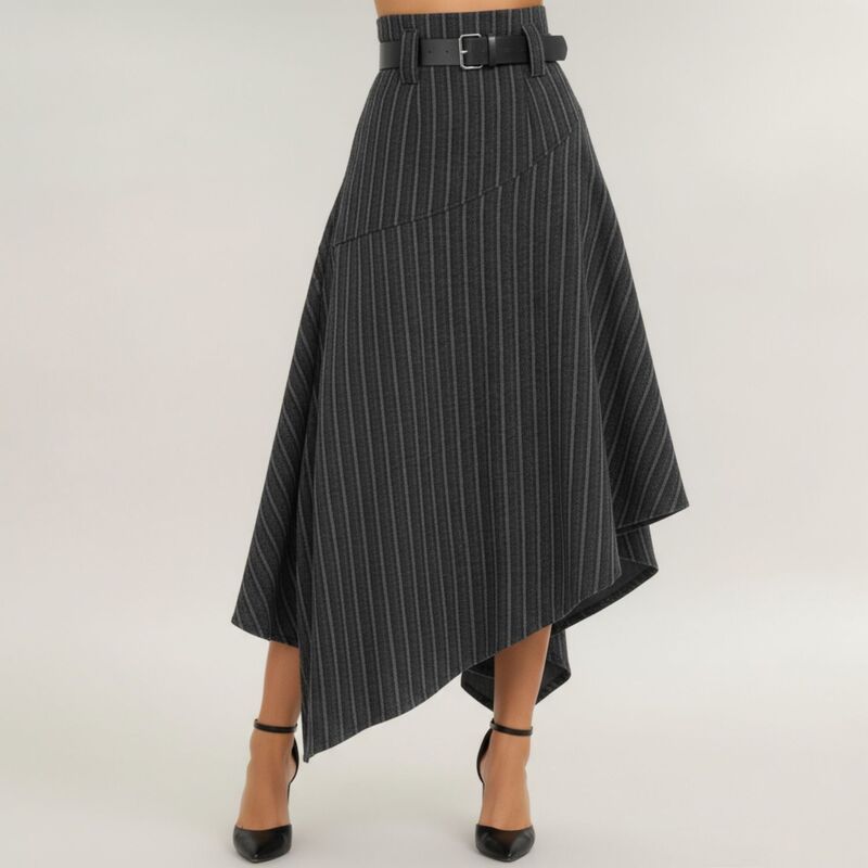 アンナカシ レディース ボトムスカート アシンメトリー ハイウエスト ミディ AnnaKaci Womens Asymmetrical Pinstripe Midi Skirt withigh Wai