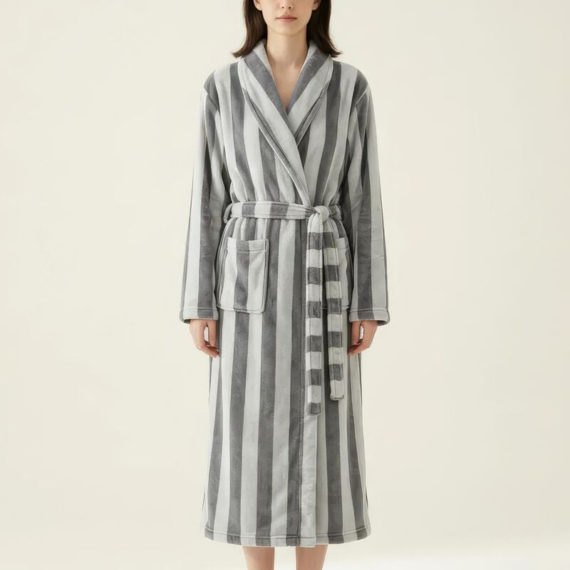 アンナカシ レディース アンダーウェア ナイトウェア プラスサイズ AnnaKaci Womenstriped Plush Long Robe with Shawl Collar Tie Waist