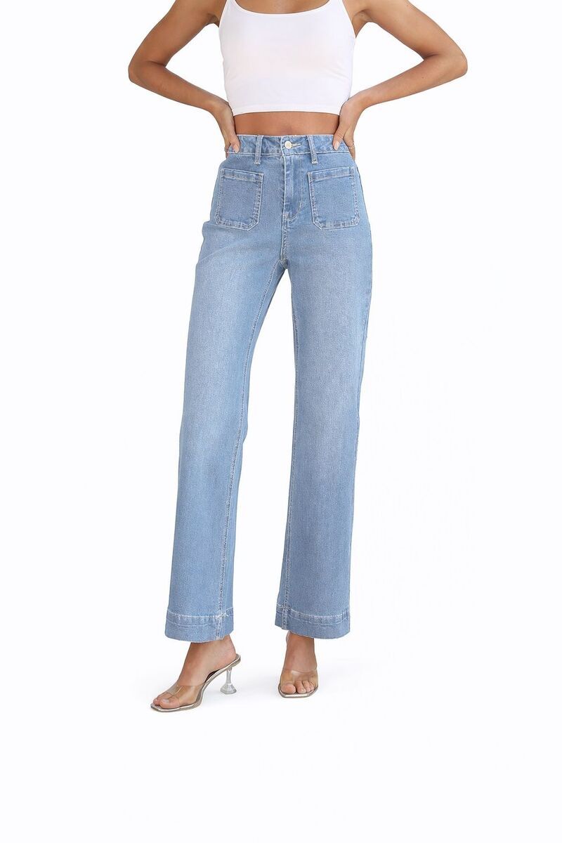メガリテイラー レディース ボトムス デニムパンツ ワイドレッグ MegaRetailer Women Trendy Wide Leg Denim Pants Light Blue ブルー