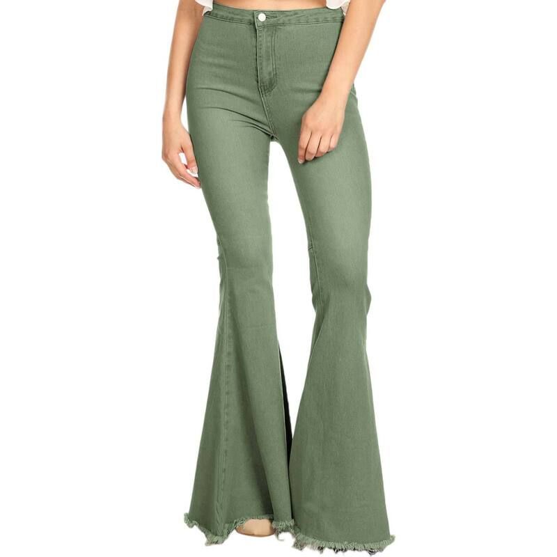 アンナカシ レディース ボトムス デニムパンツ ハイウエスト ジーンズ AnnaKaci Womens Bell Bottom High Waist Denim Jeans Green グリーン