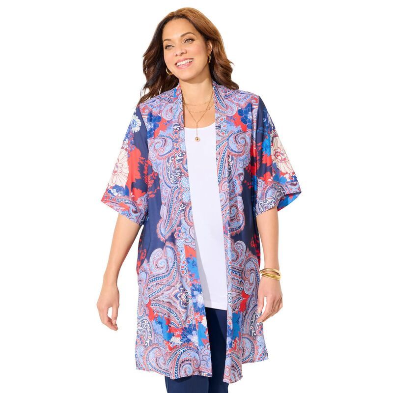 キャサリンズ レディース アウター ニット・セーター ジョーゼット プラスサイズ Catherines Womens Plusize Luxe Georgette Long wrap Navy Flo