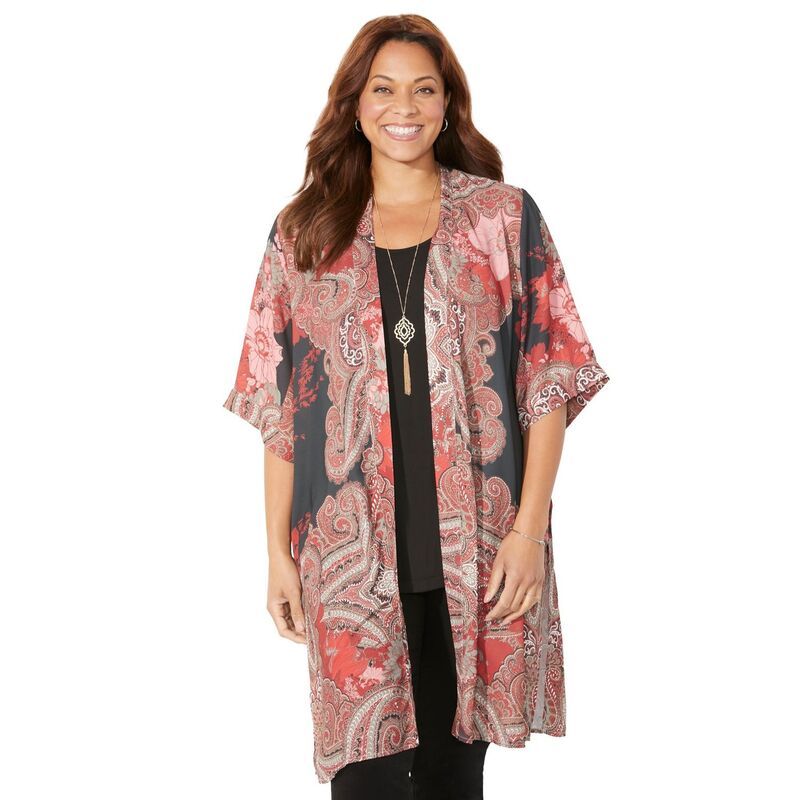 キャサリンズ レディース アウター ニット・セーター ジョーゼット プラスサイズ Catherines Womens Plusize Luxe Georgette Long wrap Black Fl