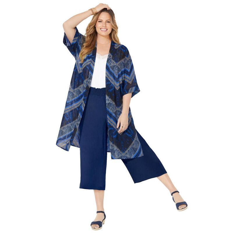 キャサリンズ レディース アウター ニット・セーター ジョーゼット プラスサイズ Catherines Womens Plusize Luxe Georgette Long wrap Blue Tie