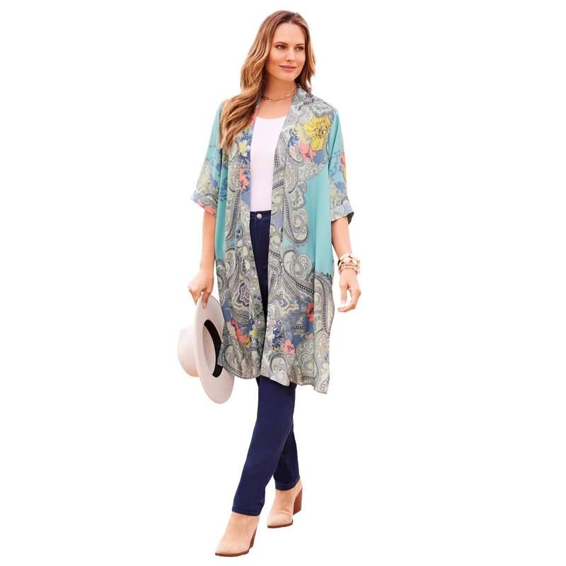 キャサリンズ レディース アウター ニット・セーター ジョーゼット プラスサイズ Catherines Womens Plusize Luxe Georgette Long wrap Turq Flo