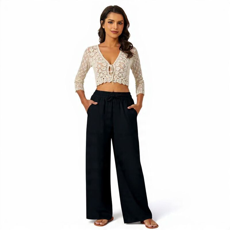 メガリテイラー レディース ボトムス カジュアルパンツ リネン MegaRetailer Casualinen Palazzo Pants with Pockets Black ブラック