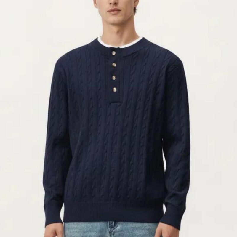 アンナカシ レディース アウター ニット・セーター リブ AnnaKaci Mens Long Sleeve Cable Knit Henley Sweater with Button Placket