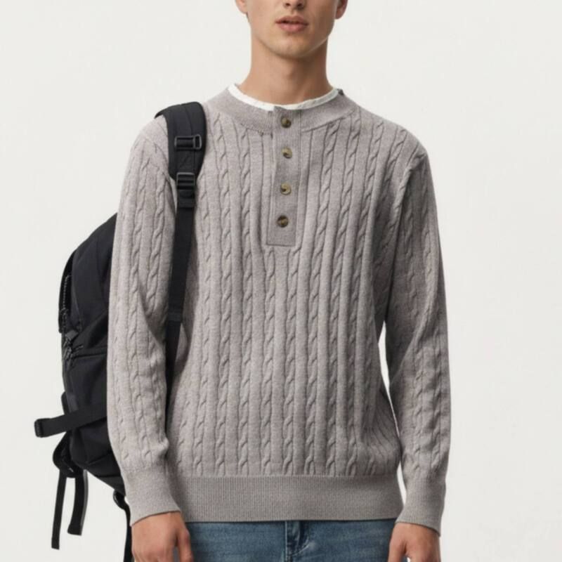 アンナカシ レディース アウター ニット・セーター リブ AnnaKaci Mens Long Sleeve Cable Knit Henley Sweater with Button Placket