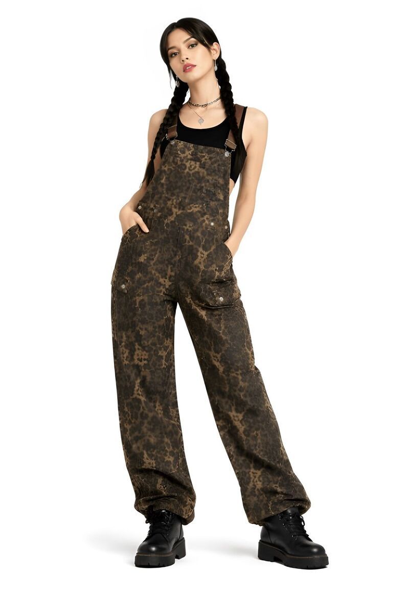 メガリテイラー レディース ボトムス カジュアルパンツ オーバーオール MegaRetailer Women Street Styleopard Overalls Leopard Jean アニマル