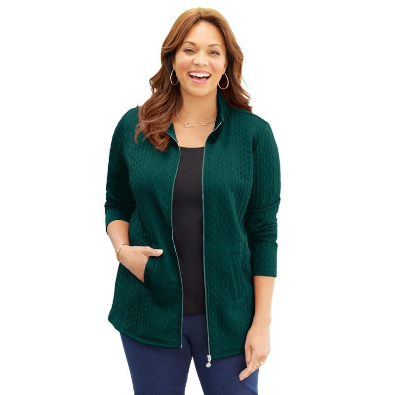 キャサリンズ レディース アウター ニット・セーター プラスサイズ ジャケット Catherines Womens Plusize ZipFront Cable Jacket Emerald Gree
