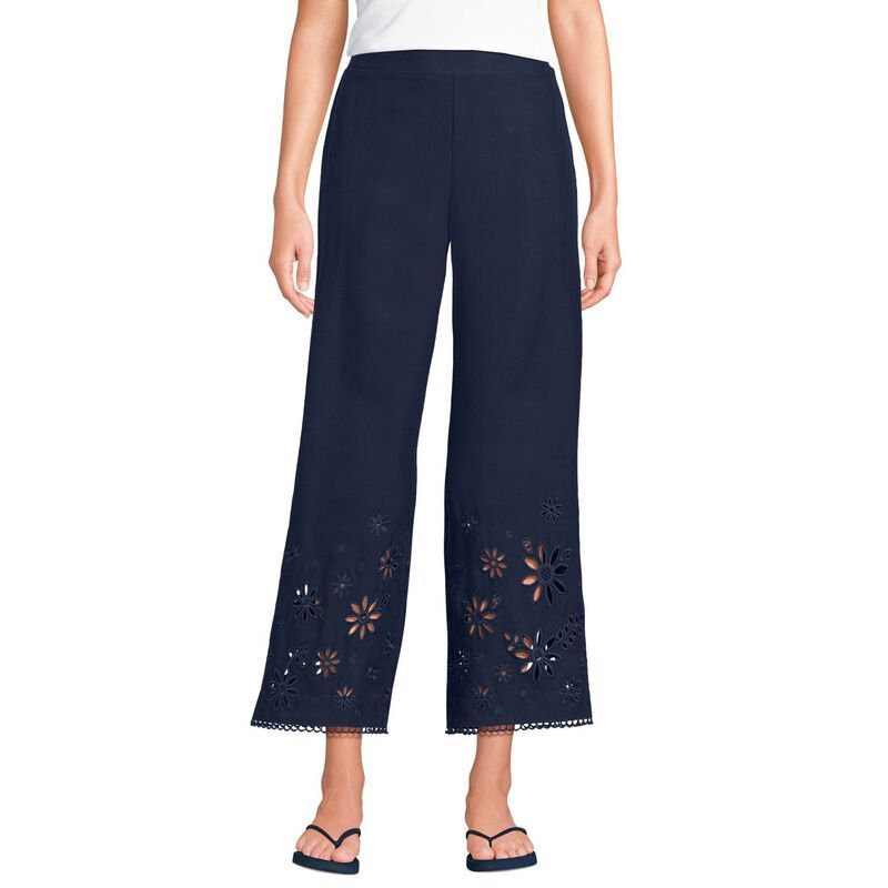 ランズエンド レディース ボトムス カジュアルパンツ 刺繍 リネン Womens Lands End Linen Embroidered Pants Navy ネイビー
