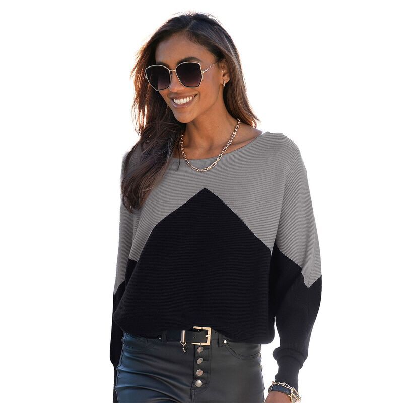 ラスカーナ レディース アウター ニット・セーター リブ Lascana Womens Color Block Ribbed Knit Sweater Grey And Black ブラック