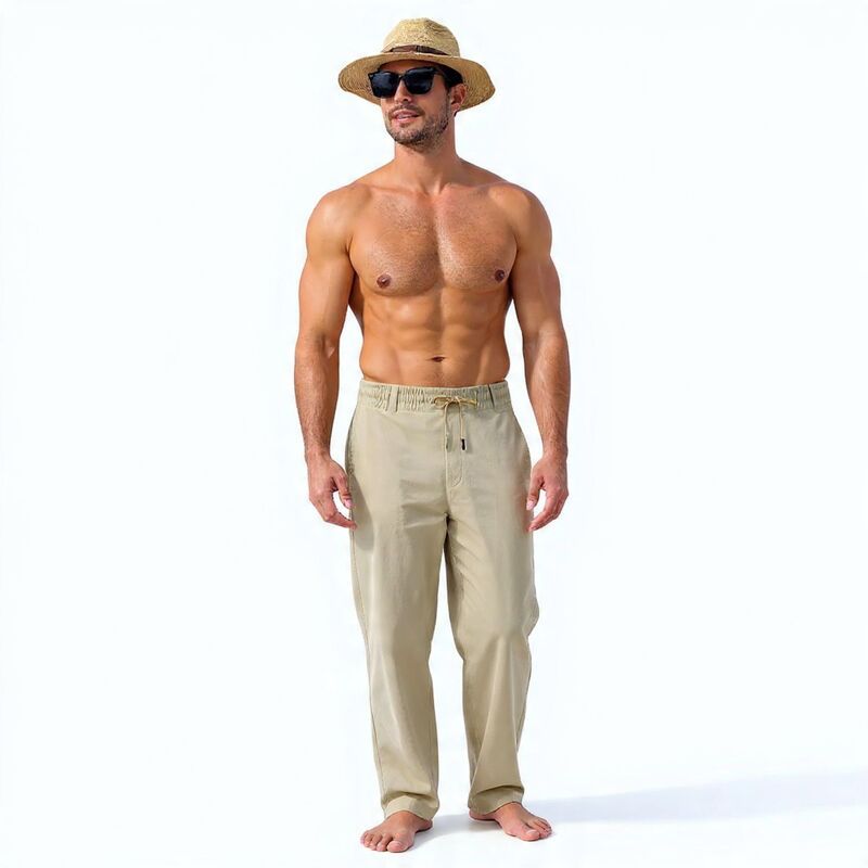 メガリテイラー レディース ボトムス カジュアルパンツ リネン MegaRetailer Mens Loose Fit Linen Pants Khaki カーキ