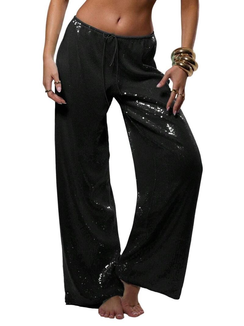 エリートチョイス レディース ボトムス カジュアルパンツ ワイドレッグ ハイウエスト スパンコール Elitechoice Womens High Waist Wide Leg Sparkle Gli