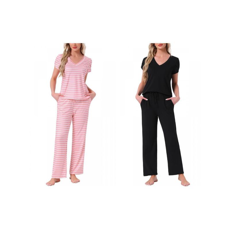 インスパイア シック レディース アンダーウェア ナイトウェア Vネック パンツ INSPIRE CHIC 2 Sets Womens Pajamas V Neck Short Sleeve Top