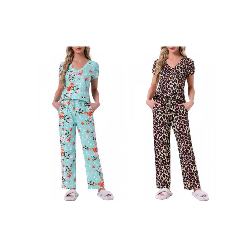 インスパイア シック レディース アンダーウェア ナイトウェア Vネック パンツ INSPIRE CHIC 2 Sets Womens Pajamas V Neck Short Sleeve Top