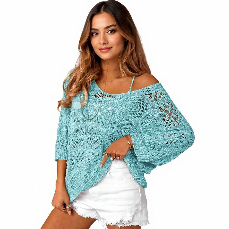 メガリテイラー レディース アウター ニット・セーター オフショルダー シャツ MegaRetailer Womens Hollow Out OffShoulder Shirt Light Blue