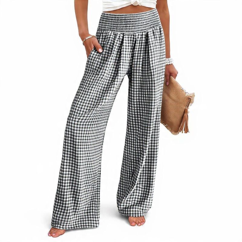 メガリテイラー レディース ボトムス カジュアルパンツ ワイドレッグ ギンガムチェック ギンガム MegaRetailer Casual Gingham Wide Leg Lounge Pants B