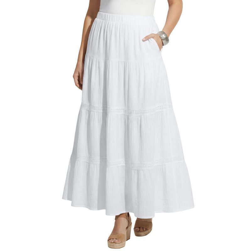 キャサリンズ レディース ボトムスカート ティアード プラスサイズ ニット Catherines Womens Plusize Knit Gauze Tiered Skirt White ホワイト