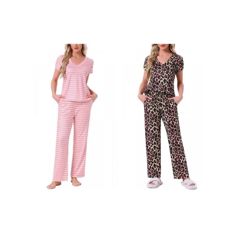 インスパイア シック レディース アンダーウェア ナイトウェア Vネック パンツ INSPIRE CHIC 2 Sets Womens Pajamas V Neck Short Sleeve Top