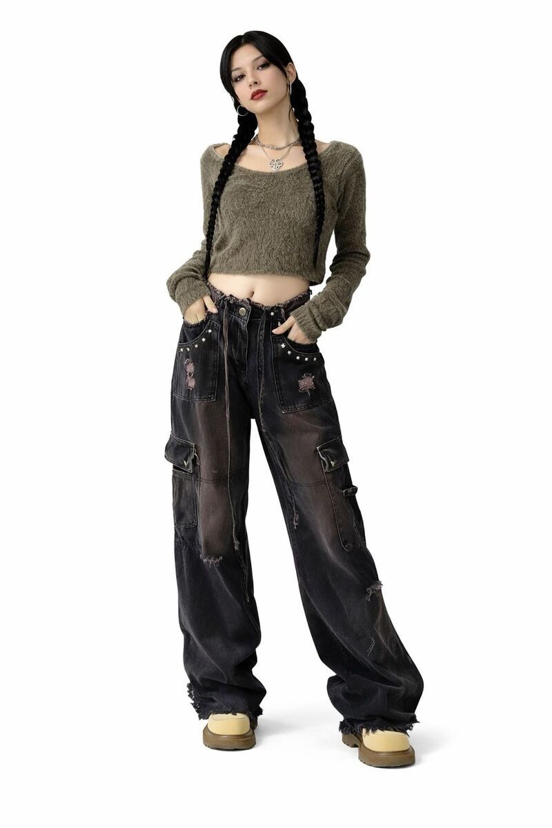 メガリテイラー レディース ボトムス デニムパンツ カーゴパンツ MegaRetailer Women Street Style Ripped Cargo Pants Black ブラック