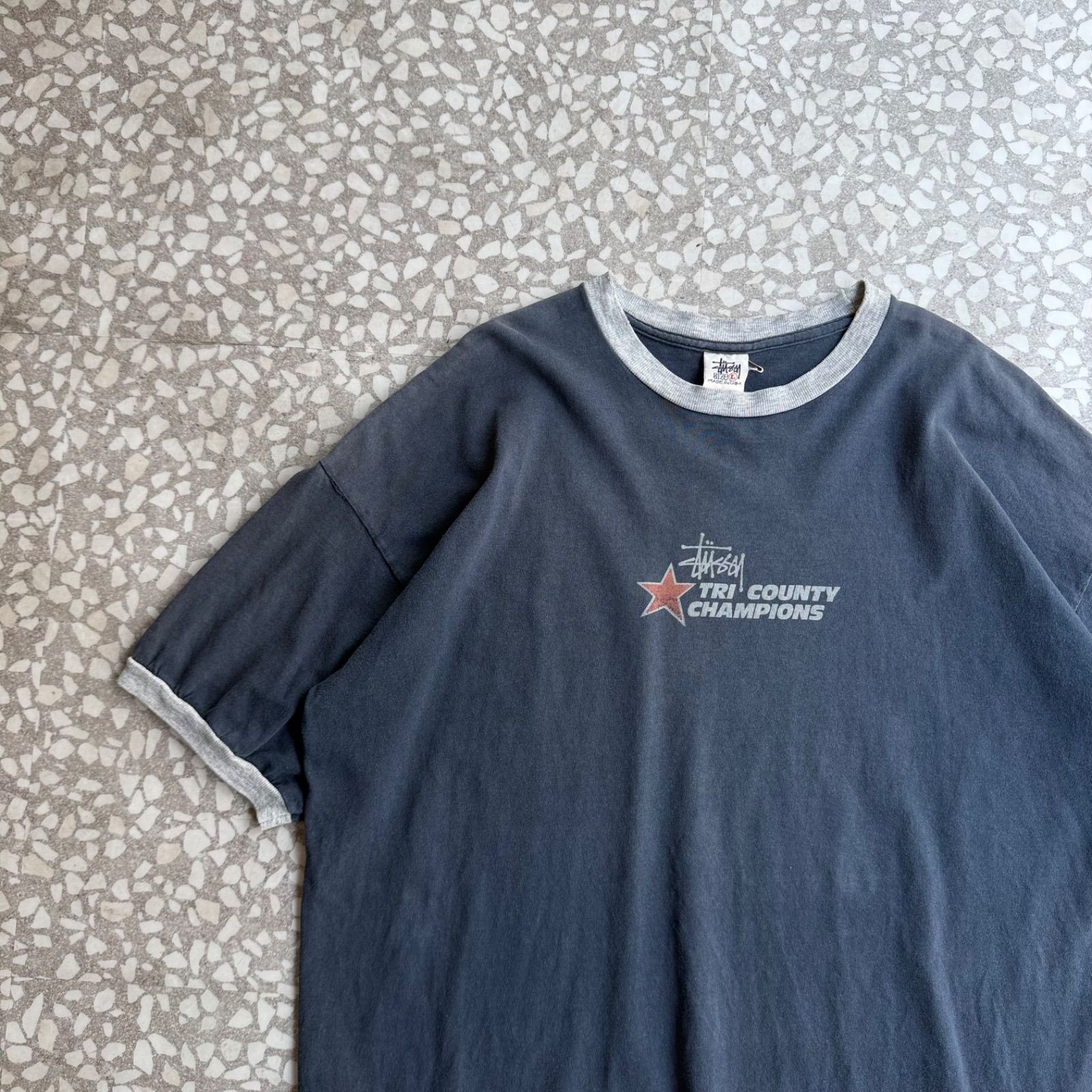 [ Archive アーカイブ Y2K ] STUSSY / 90’s usa製 ringer T-shirt size L オールドステューシー　リンガーTシャツ　白タグ　オールスター　星　ストリート オーバーサイズ　ヒップホップ B系　フェード