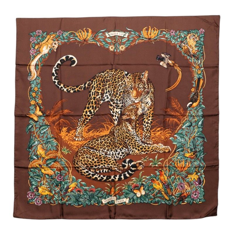 エルメス カレ90 Jungle Love ジャングル ラブ スカーフ 大判 ブラウン系 シルク レディース HERMES【228-75595】