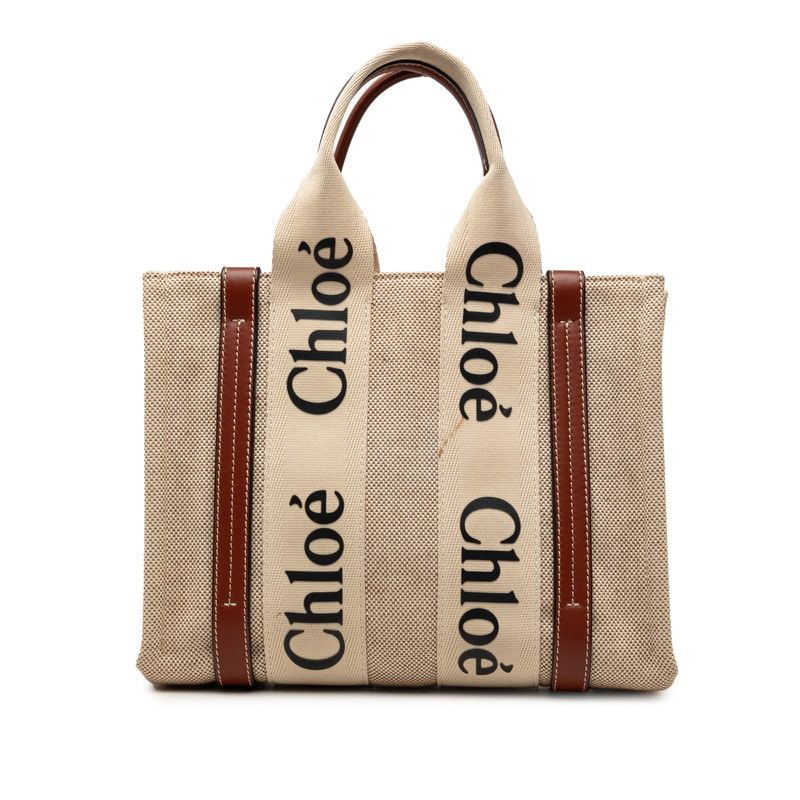 クロエ ウッディ スモール トートバッグ ハンドバッグ 02217565 ベージュ ブラウン キャンバス レザー レディース Chloe【230-75988】