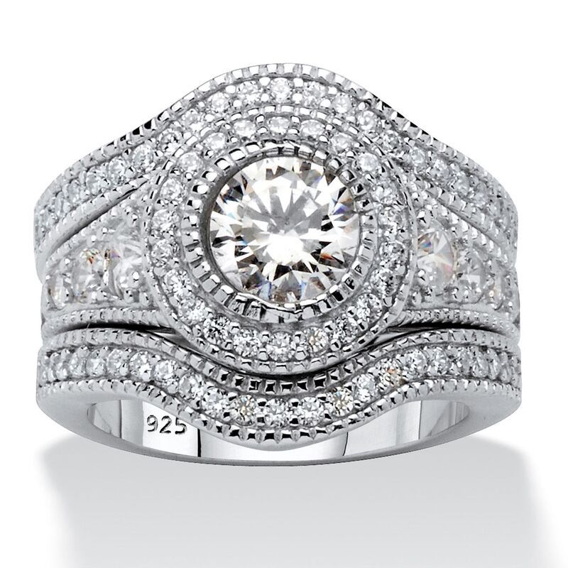 パームビーチジュエリー レディース アクセサリー リング ヴィンテージ PalmBeach Jewelry 273 TCW Round CZ Platinumplated Silver 3Piece