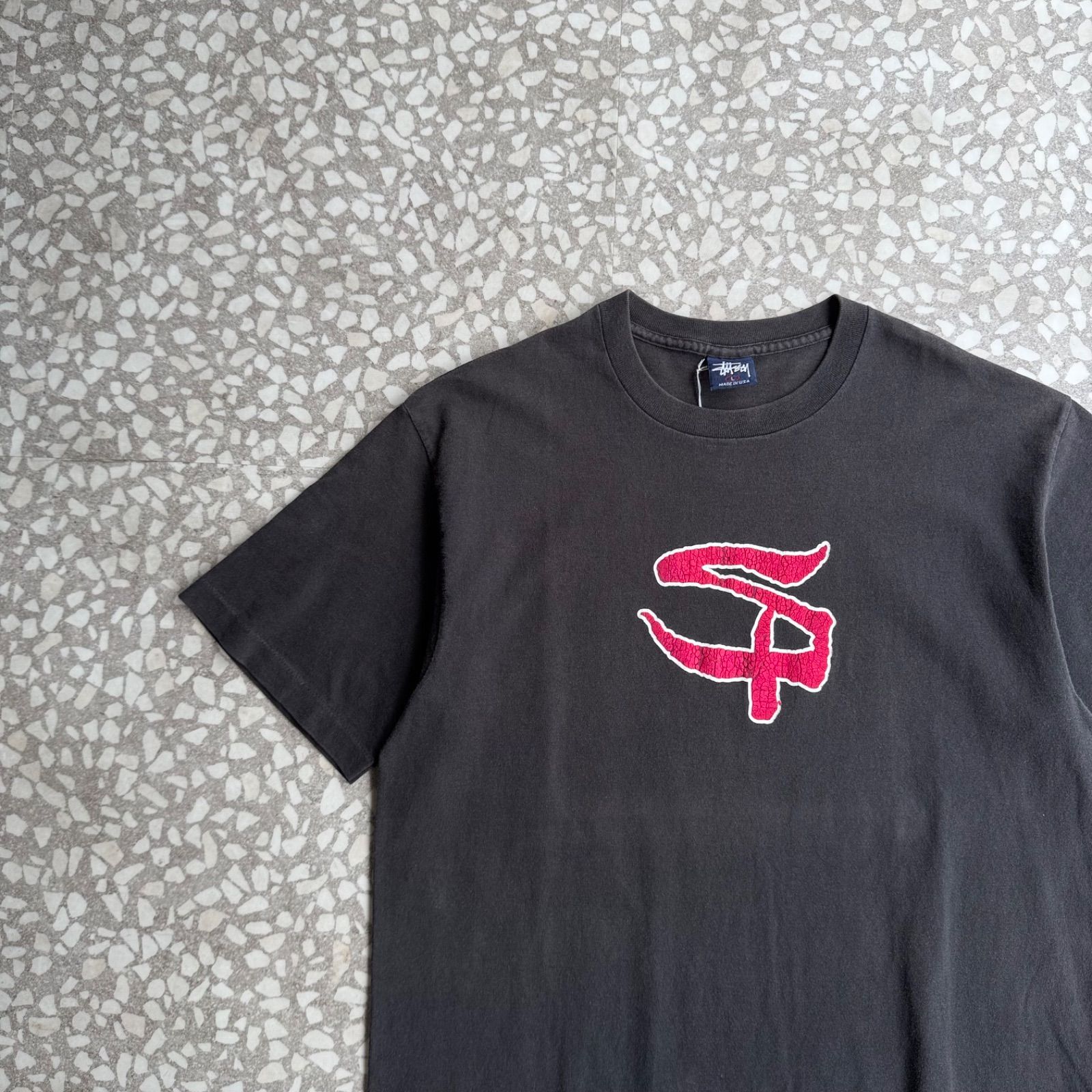 [ Archive アーカイブ Y2K ] STUSSY / 90’s usa製 Design T-shirt size L オールドステューシー　ビッグロゴTシャツ　紺タグ　グラフィック　ストリート 男女兼用