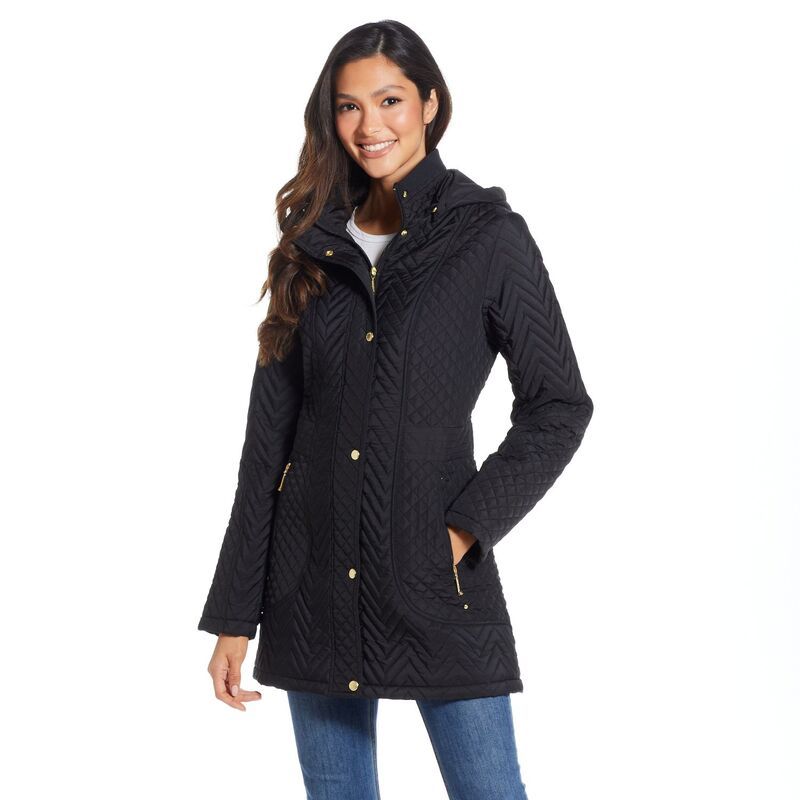 ウェザーキャスト レディース アウター ジャケット・ブルゾン キルティング Womens Weathercast Hooded Chevron Quilted Walker Jacket Black