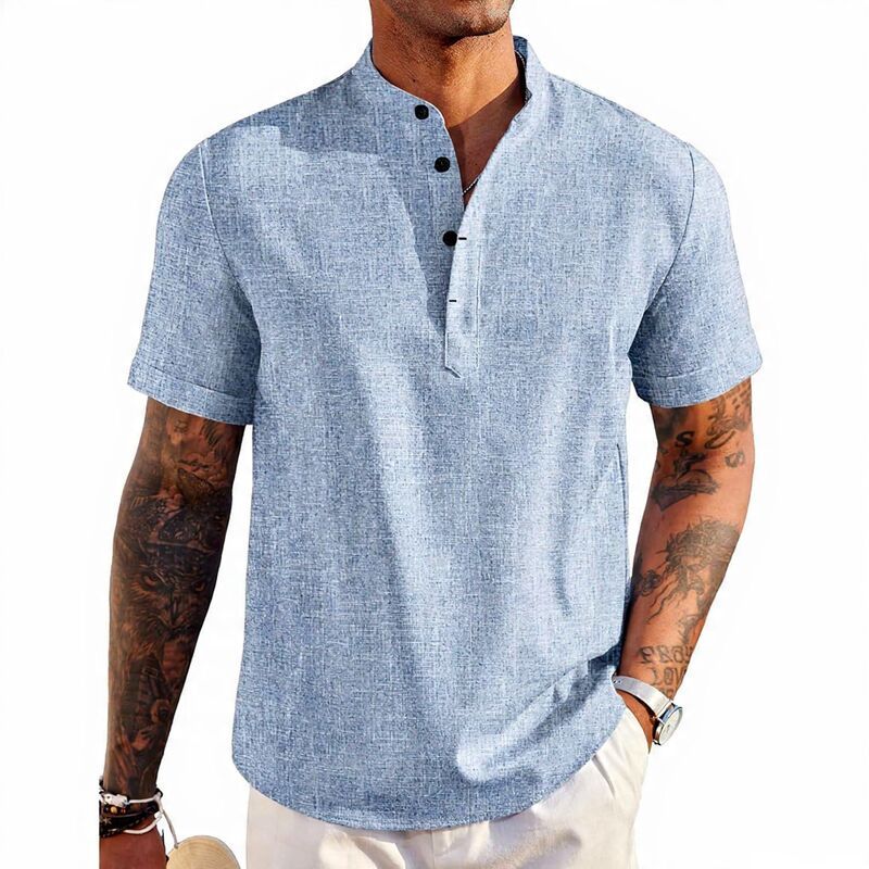 メガリテイラー レディース トップス Tシャツ リネン MegaRetailer Casualinen Henley Shirt for Men Flecking Blue ブルー