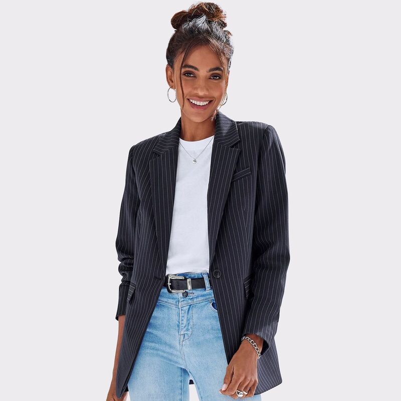 ラスカーナ レディース アウター ジャケット・ブルゾン ブレザー Lascana Womens Pinstripe Oversized Blazer Navy Ivory アイボリー