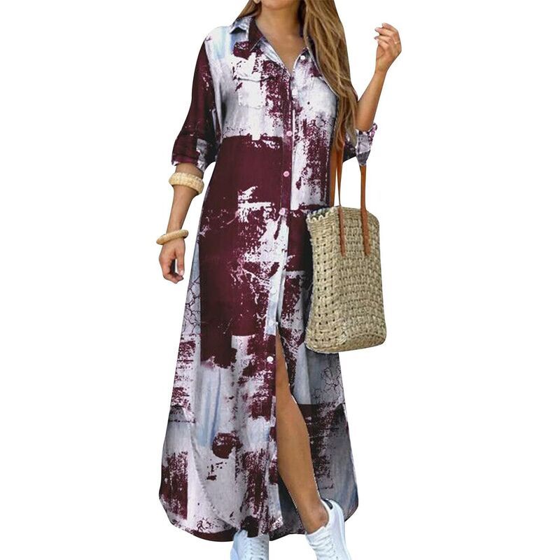 メガリテイラー レディース トップス ワンピース シャツ マキシ MegaRetailer Womens Casualoose Fit Shirt Dressummer Lapel Collar Be