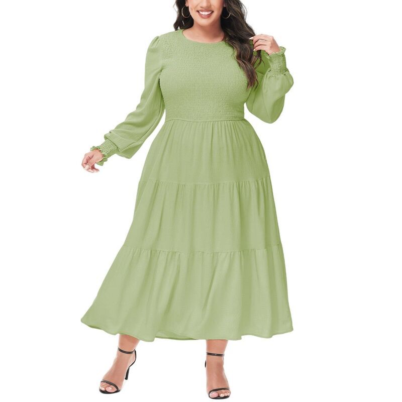 アンナカシ レディース トップス ワンピース ティアード クルーネック ミディ シャーリング AnnaKaci Womens Casual Poet Long Sleeve Smockedress C