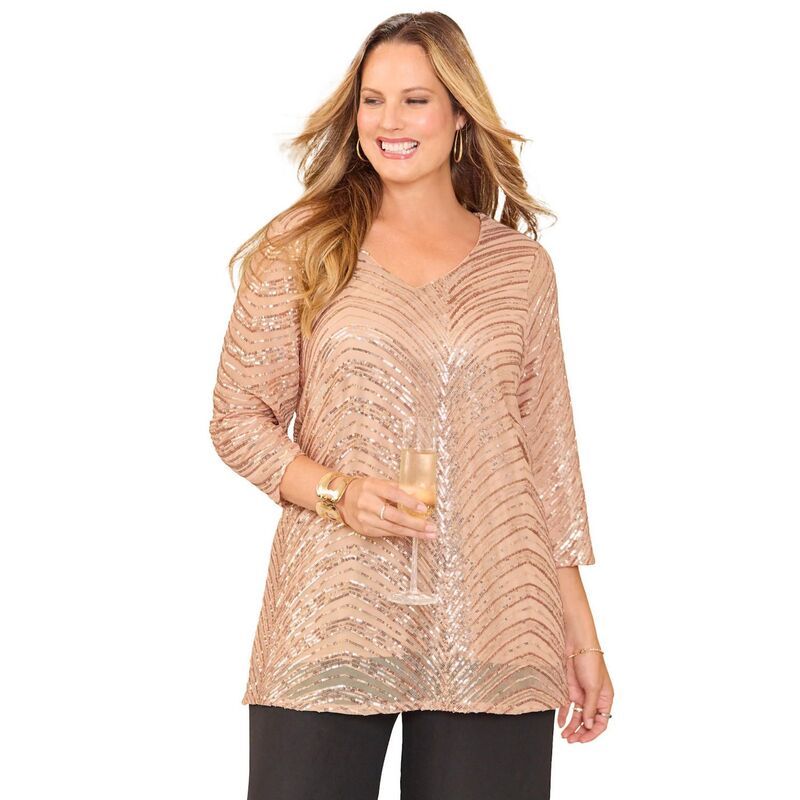 キャサリンズ レディース トップス シャツ Vネック プラスサイズ スパンコール Catherines Womens Plusize VNeck Sequin Top Champagne シャンパン