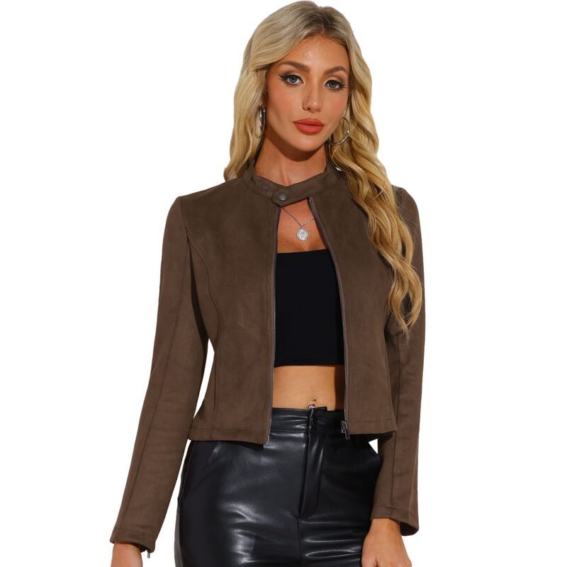 アレグラ ケー レディース アウター ジャケット・ブルゾン スエード クロップド ALLEGRA K Womens Faux Suede Stand Collar Zip up Cropped Mot