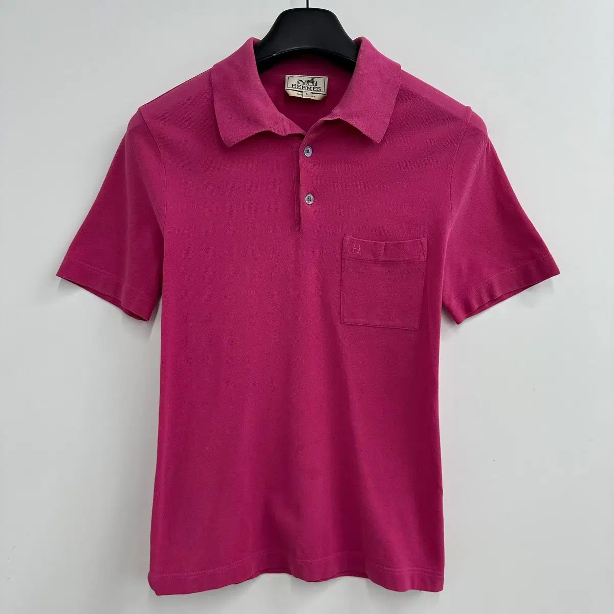 90 Hermes ホットピンク Hロゴ メンズ 半袖 カラーTシャツ
