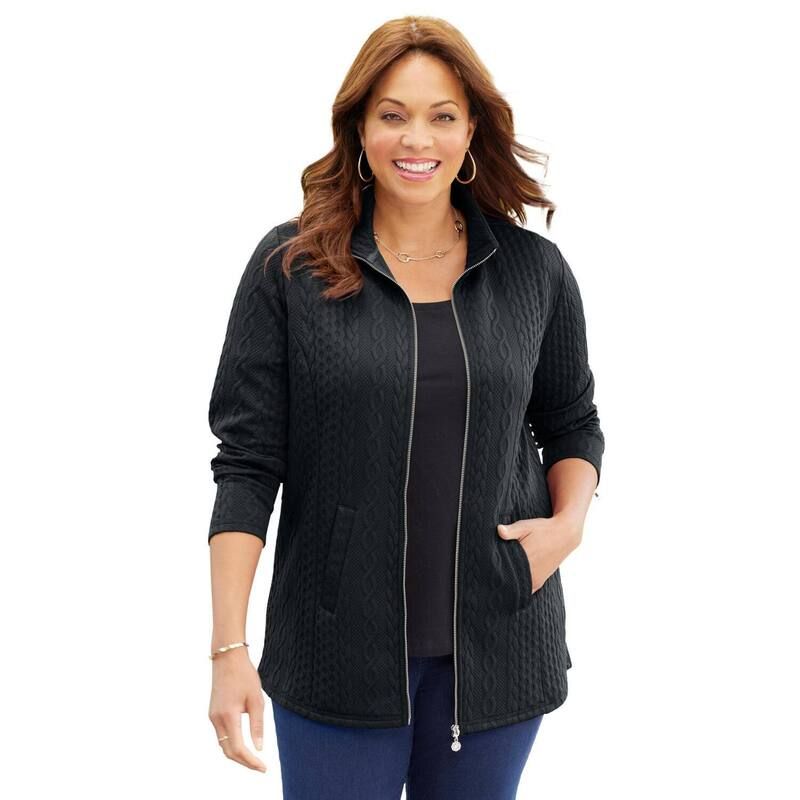 キャサリンズ レディース アウター ジャケット・ブルゾン プラスサイズ Catherines Womens Plusize ZipFront Cable Jacket Black ブラック
