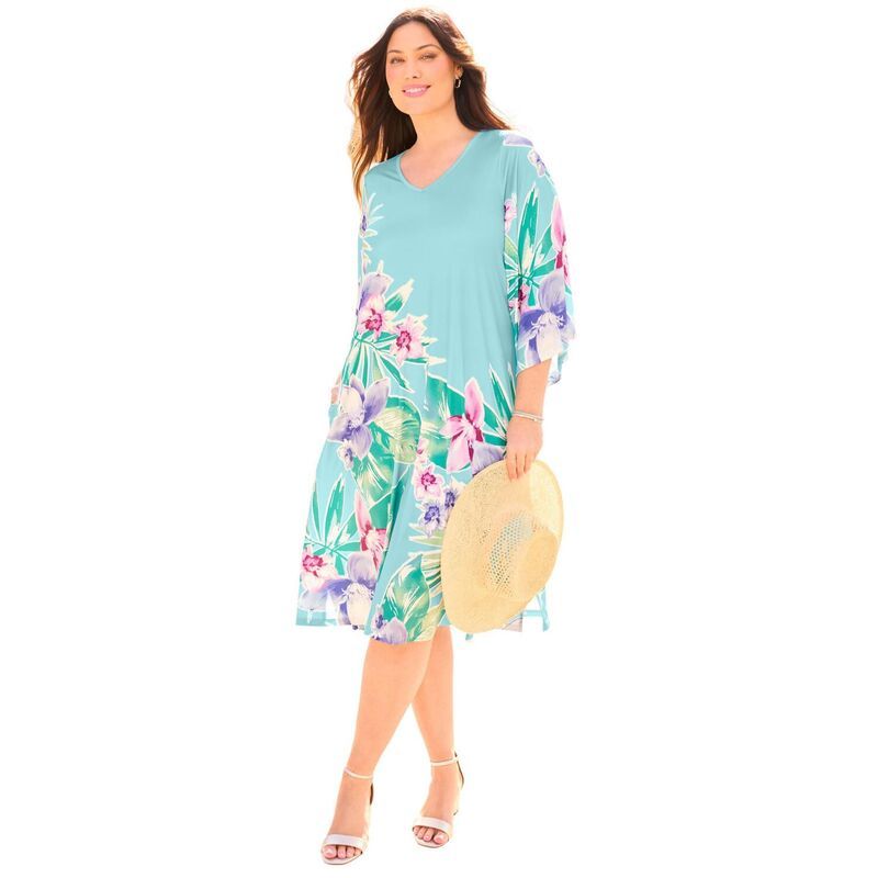 キャサリンズ レディース トップス ワンピース Vネック プラスサイズ Catherines Womens Plusize Angel Sleeve VNeck Shift Dress Aqua Pl