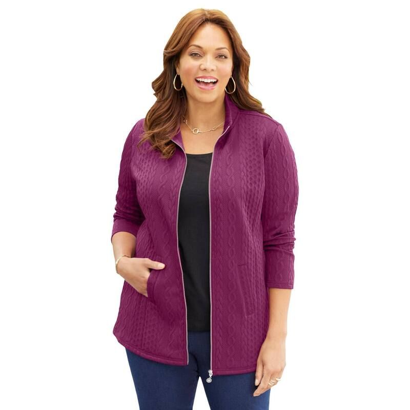 キャサリンズ レディース アウター ニット・セーター プラスサイズ ジャケット Catherines Womens Plusize ZipFront Cable Jacket Deep Berry