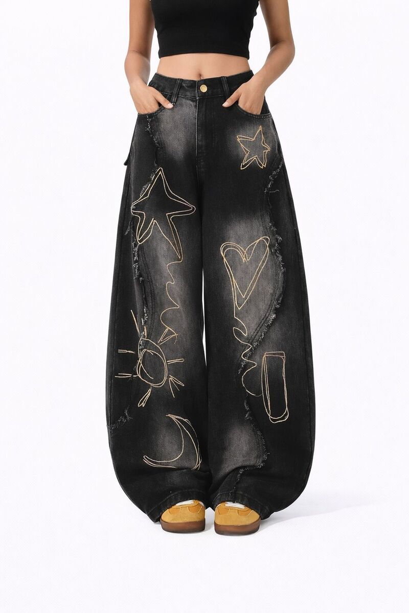 メガリテイラー レディース ボトムス デニムパンツ ジーンズ MegaRetailer Women Casual Star Patch Jeans Black ブラック