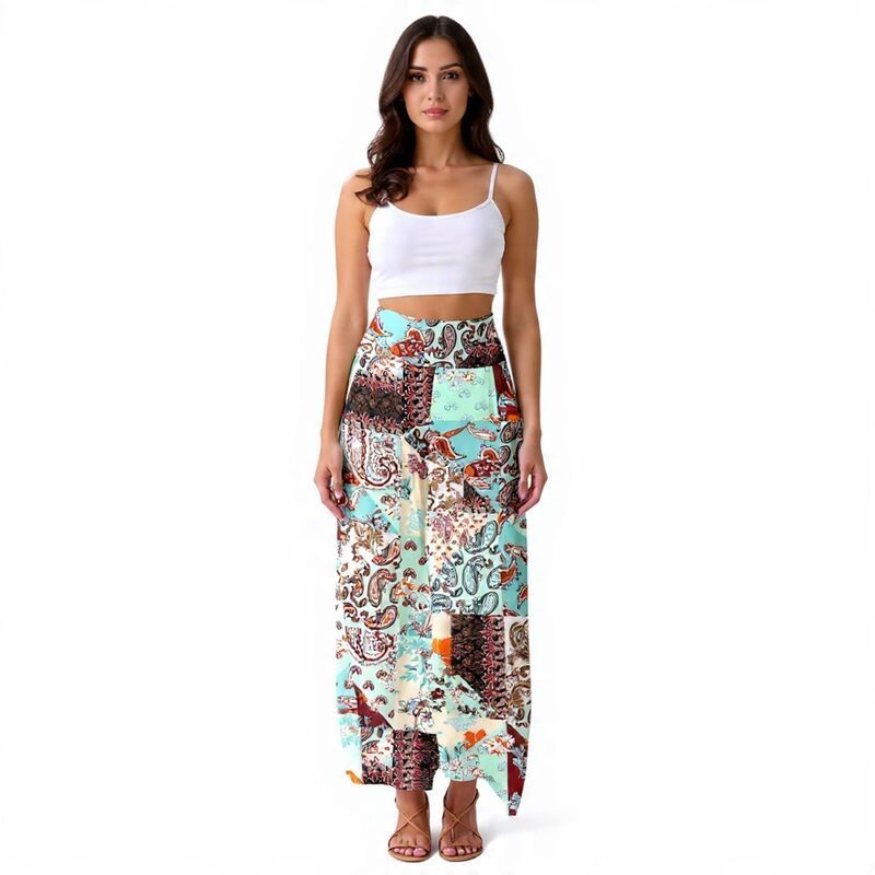 メガリテイラー レディース ボトムス カジュアルパンツ ワイドレッグ MegaRetailer Womens Flowing Wide Leg Pants Colorful Patch